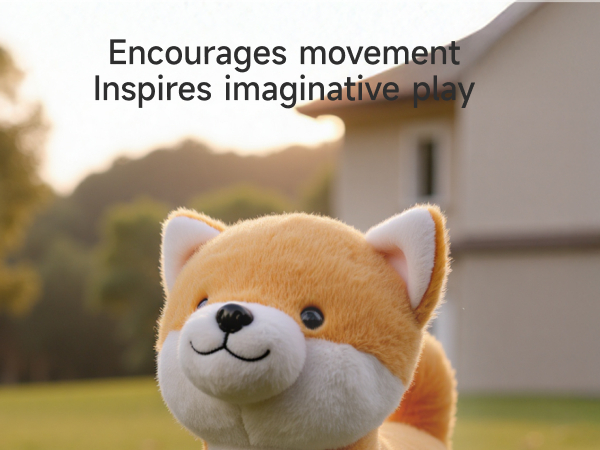 Text reads 'Encourages movement' and 'Inspires imaginative play'. Plush toy shown in multiple angles against outdoor background.