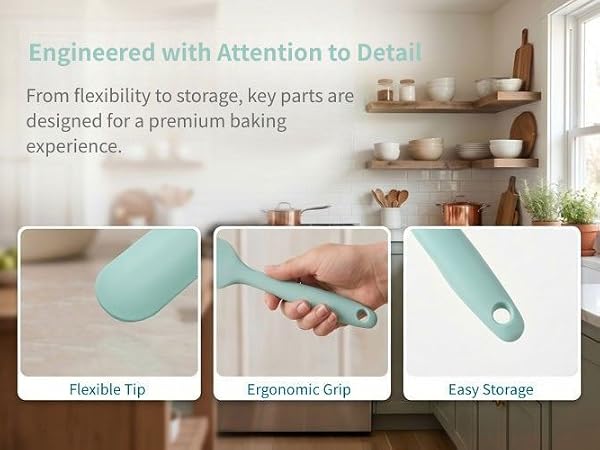 flexible tip, ergonomic grip handle, hanging hole for easy storage, silicone baking spreader tool