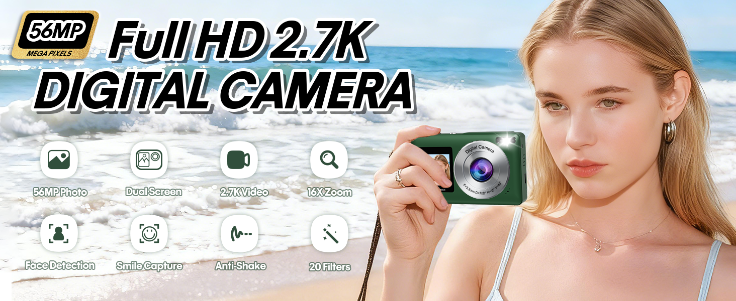 digital camera dual screen, 56MP vlog digital camera green