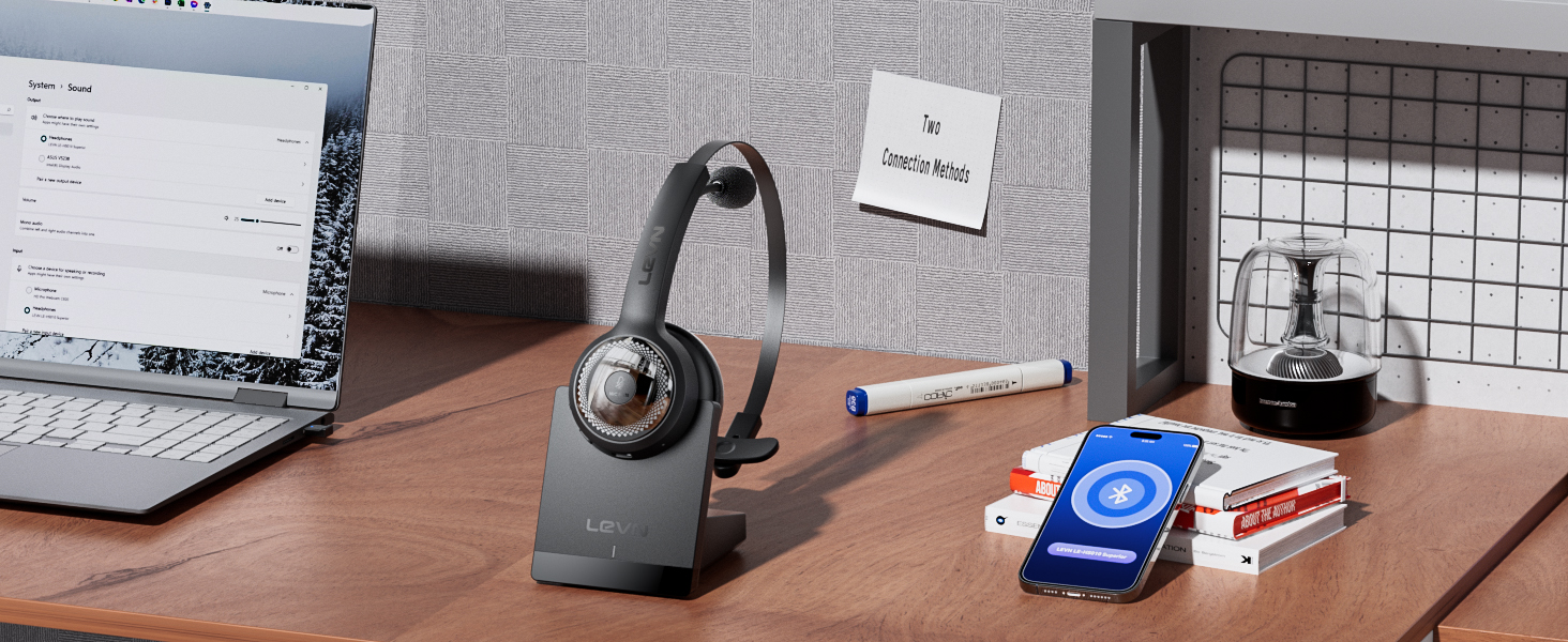 Easily connect wireless headset for laptop via Bluetooth or USB dongle for lag-free transmission