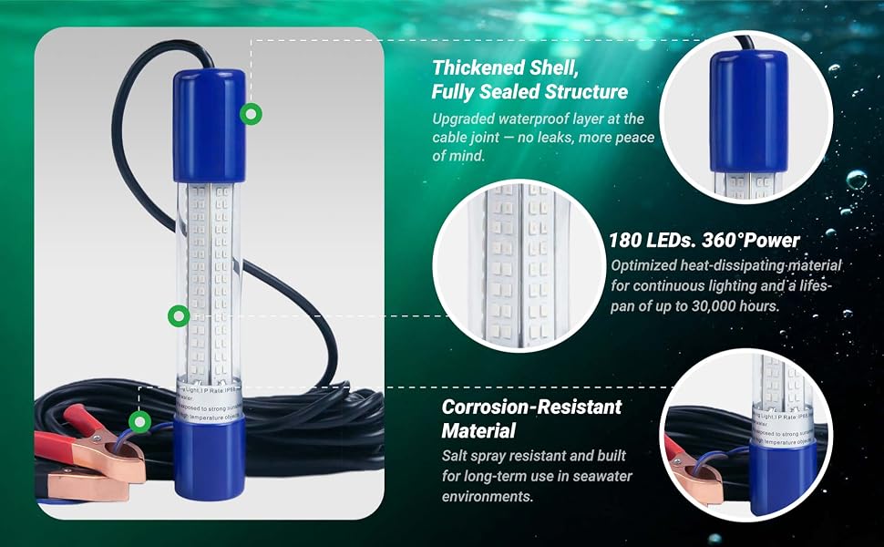 Reliable green fishing light with IP68 waterproof rating for long-lasting underwater use.