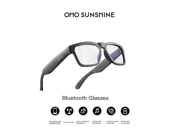 OMO Sunshine Bluetooth-enabled glasses with black frames. Product display shows multiple feature icons indicating smart functionality.