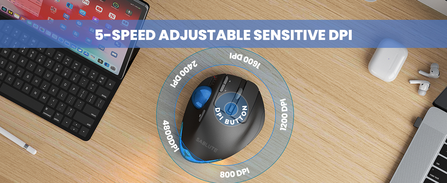 Wireless Trackball Mouse, Ergonomic Bluetooth Rechargeable Computer Mouse-Blue Ball