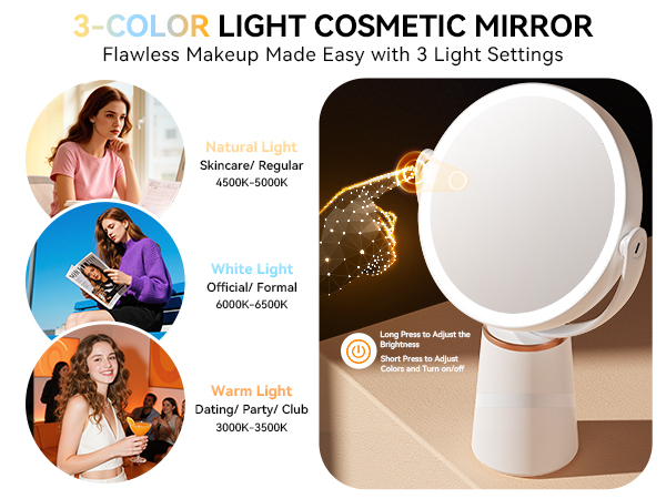 Adjustable 3 color (warm/natural/cool), touch control to switch color and long press for brightness