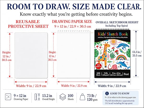 9 x 12 drawing paper; full height about 13.2 in. Includes a reusable protective sheet.