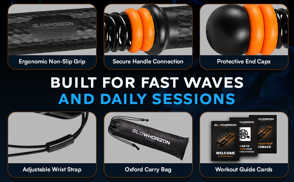 Cordless battle rope handles with wrist straps, Oxford bag, and workout cards