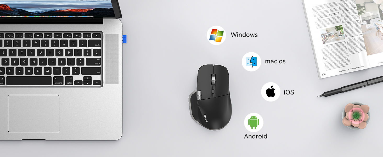 Text reads 'Windows, iOS, Android, mac os'. Multiple devices and operating system interfaces shown in a horizontal banner layout with laptops, smartphones, and computer peripherals.