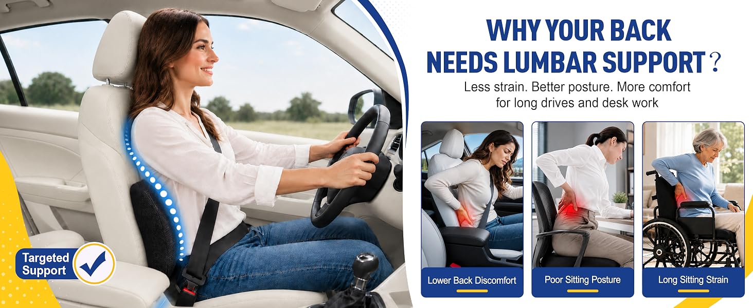A back support pillow helps reduce strain and improve comfort for long sitting.