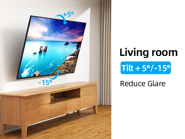 Wall-mounted TV with adjustable tilt feature ranging from +5° to -15°, demonstrating glare reduction capabilities in living room setting.
