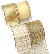 Ribbli Gold Wired Ribbon,Metallic Plaid Glitter Mesh Gold Sheer Organza Ribbon,Christmas Ribbon f...