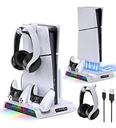 FASTSNAIL Charging Stand with Cooling Fan for PS5 Slim Console, Dual Controller Charger Station w...