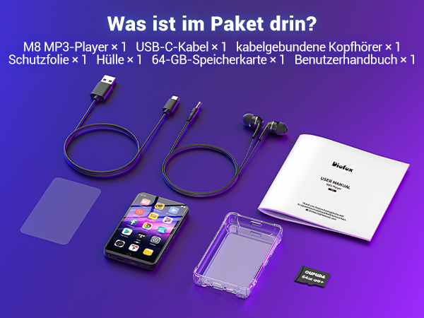 Text reads 'Was ist im Paket drin?' showing product package contents including MP3 player, USB cable, earbuds, 64-GB memory card, and user manual against purple background.