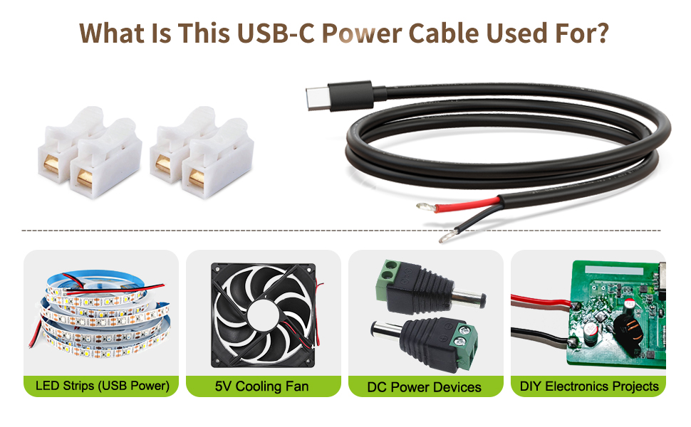 USB-C power cable used for low voltage DIY electronics and LED lighting applications