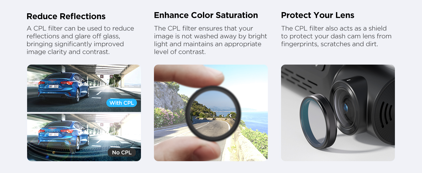 Dash cam video comparison shows how a CPL filter reduces windshield reflections and enhances color.