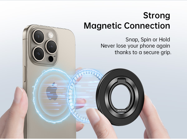 Magnetic phone ring holder attachment shown with iPhone, featuring strong magnetic connection graphic and secure grip text.