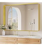 Koonmi Gold Wall Mirror for Bathroom, 36x55 Inch Matte Deep Framed Rounded Rectangle Vanity Mirro...