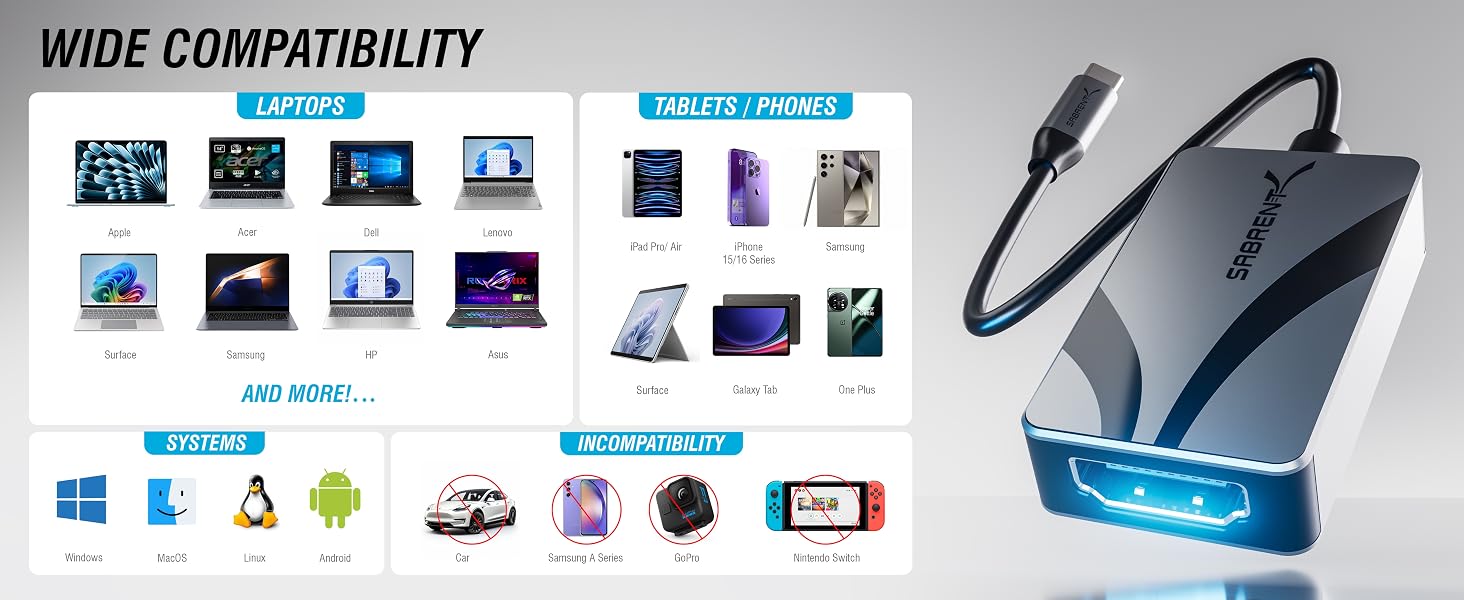 Text reads 'WIDE COMPATIBILITY' with grid of device icons showing supported platforms. Shows blue-lit external device with cable connection.