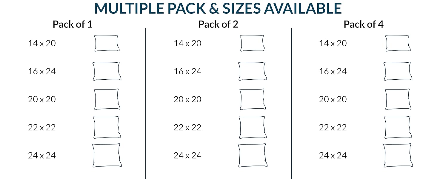 12x12 12x20 14x14 16x16 18x18 20x20 17x17 16x24 22x22 24x24 26x26 pack of 1 pack of 2 pack of 4 soft