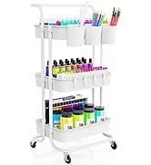 LEHOM 3-Tier Rolling Utility Cart with Hanging Cups &amp; Hooks &amp; Handle, Multifunctional Art Cart Or...
