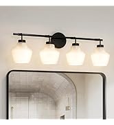USHOWER 4-Light Bathroom Light Fixtures, Vanity Lights with White Frosted Glass Shades, Modern Bl...