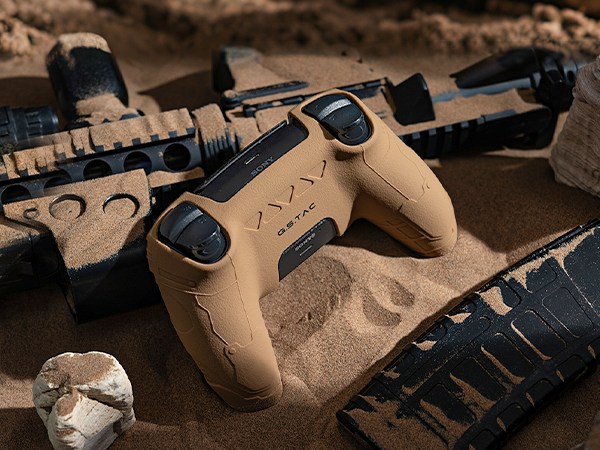 Multiple photographs of tactical or military-style equipment on sandy/desert terrain background, showing various angles and details.