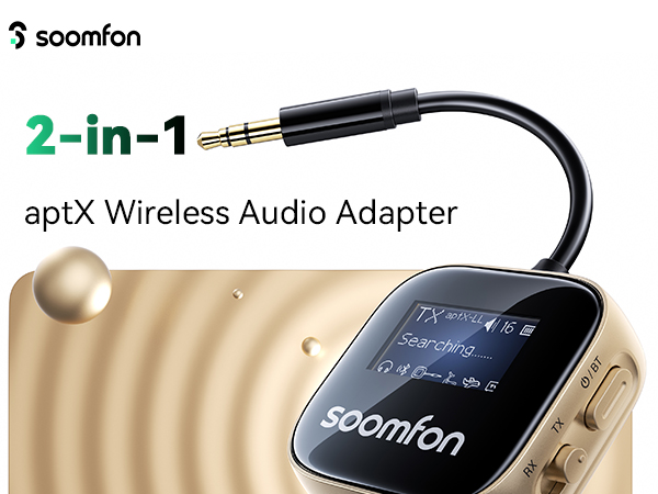 Text reads 'soomfon', '2-in-1', 'aptX Wireless Audio Adapter'. Black audio adapter cable with beige/cream colored device display shown connecting to smartwatch.