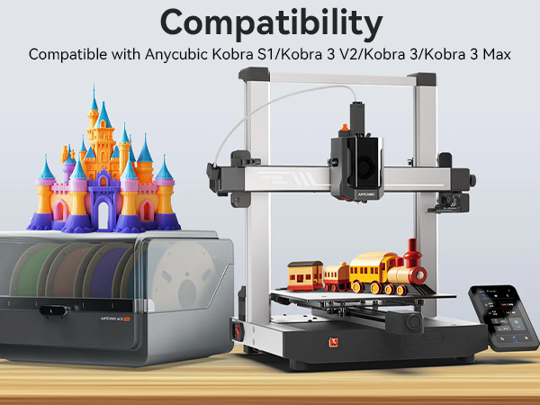 Text reads 'Compatibility'. Series of product images showing 3D printer-like devices with colorful printed objects and technical equipment in a professional setting.