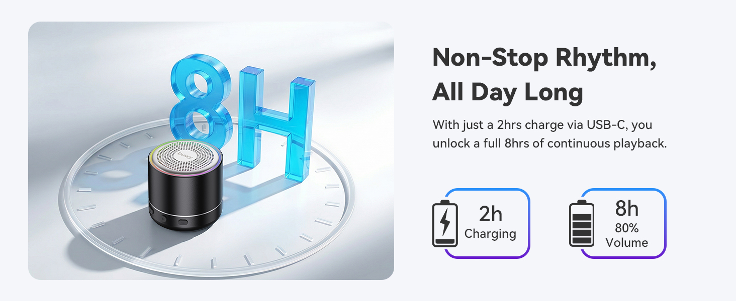 Text reads '8H', 'Non-Stop Rhythm, All Day Long', 'With just a 2hrs charge-on USB-C you unlock a full 8hrs of continuous playback', '2h Charging', '8h Playtime'. Charging case with charging specifications and playtime indicators displayed.
