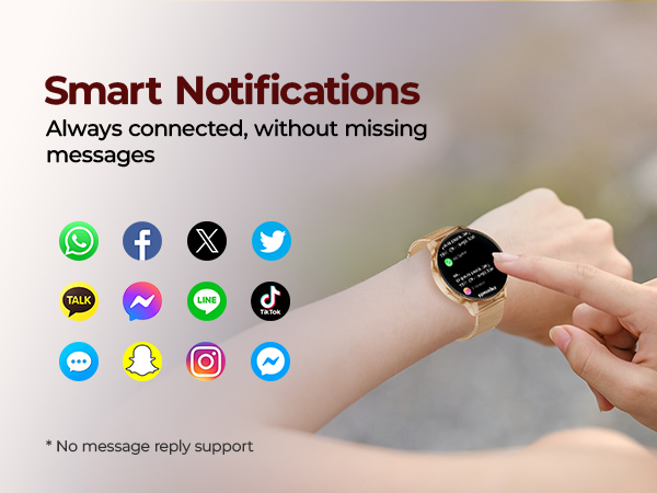 Smart watch receiving SMS, texts, and social media message notifications on HD display