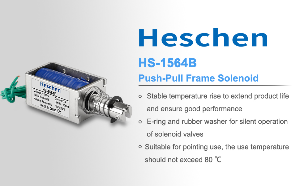 Text reads 'Heschen HS-1564B Push-Pull Frame Solenoid'. Technical product image showing electrical solenoid component with specifications.