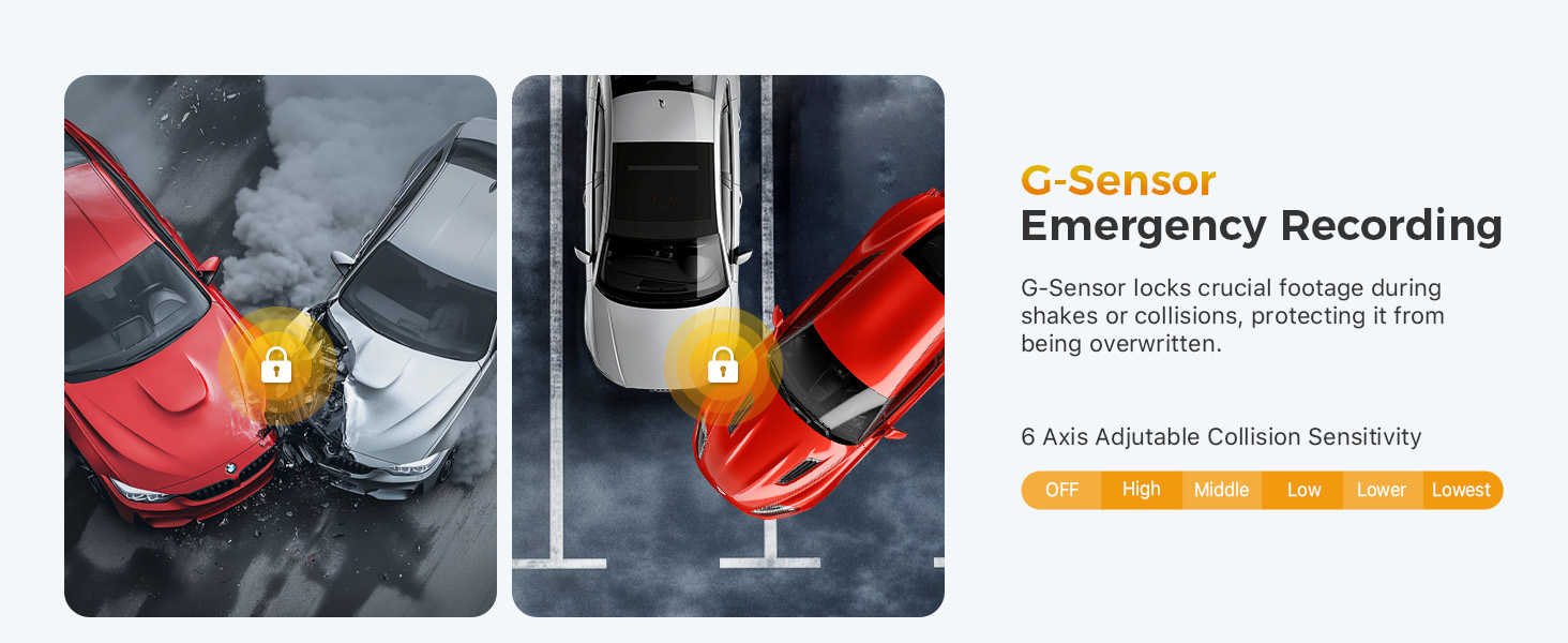 G-Sensor emergency recording feature demonstration showing vehicle collision detection in two panels with red cars, highlighting automatic incident recording capability.