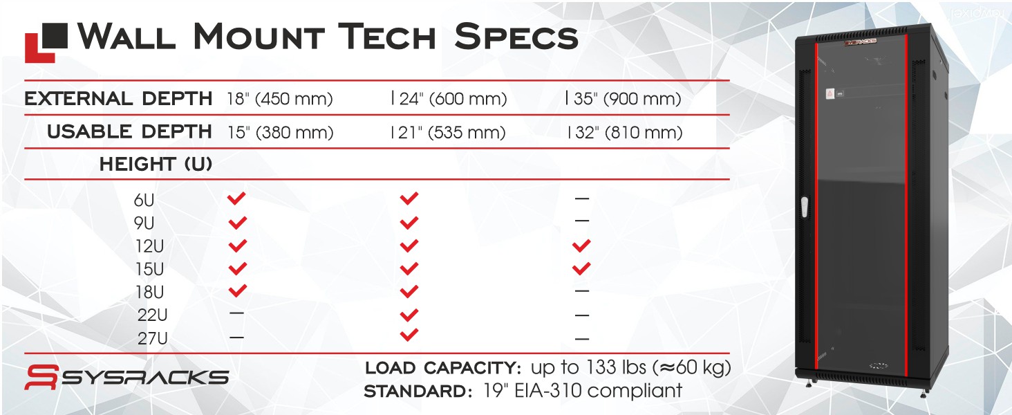 wall mount tech specs table SRW SERIES 22-27U
