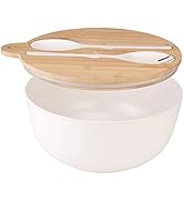 ShineMe Large Salad Bowl with Lid, 9.8inches White Salad Serving Bowl Set with Utensils, Bamboo W...