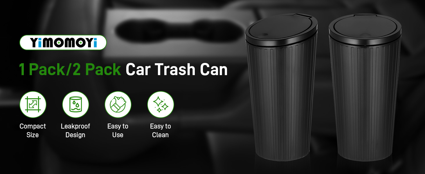 Two black cylindrical car trash cans with lids. Product features include compact size, leakproof design, easy to use, and easy to clean, as indicated by icons.