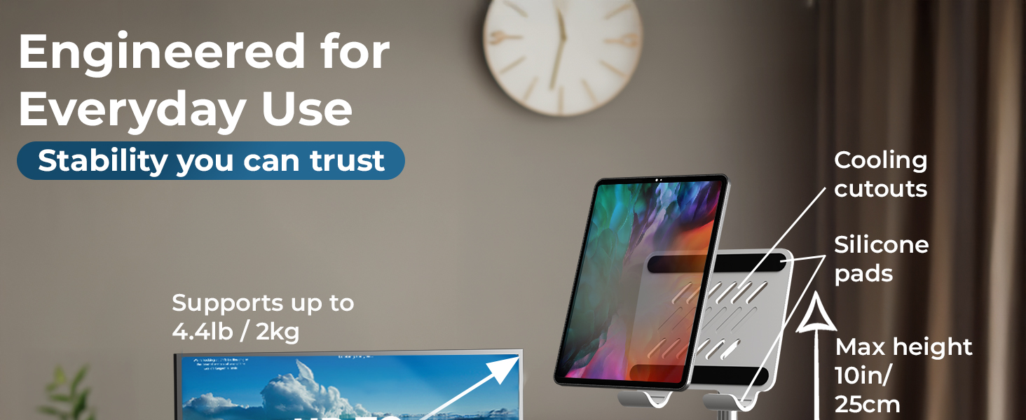 Engineered iPad desk stand with cooling cutouts, durable tablet stand holder and sturdy iPad stand