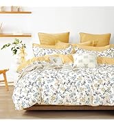 LEMIROE Yellow Floral Cotton Comforter Queen Size - Refreshing Design with Blue, Orange &amp; Slate G...