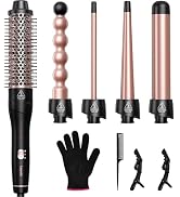 Lopeie 5 in 1 Wand Curling Iron Set, Hair Styling Tools with Thermal Brush and 4 Interchangeable ...