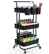 3-Tier Rolling Mobile Utility Cart with Hanging Cups &amp; Hooks &amp; Handle Multifunctional Organizer S...