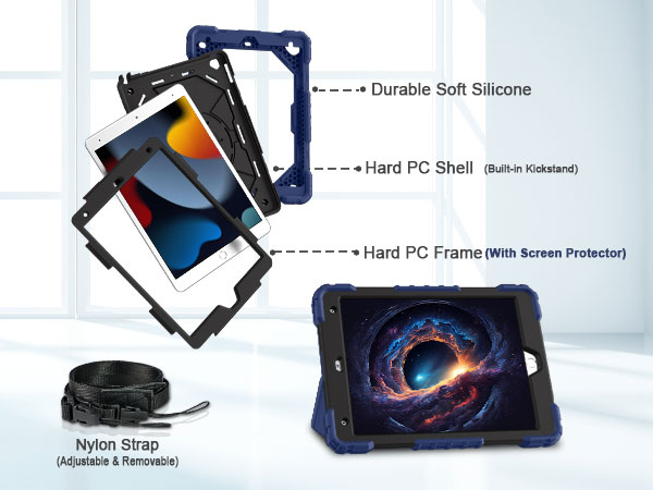 The ipad 10.2 inch 9th gen case is made of shockproof PC and soft silicone