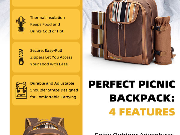 Picnic Backpack Bag for 4 Person with Cooler Compartment,Wine Bag, Picnic Blanket