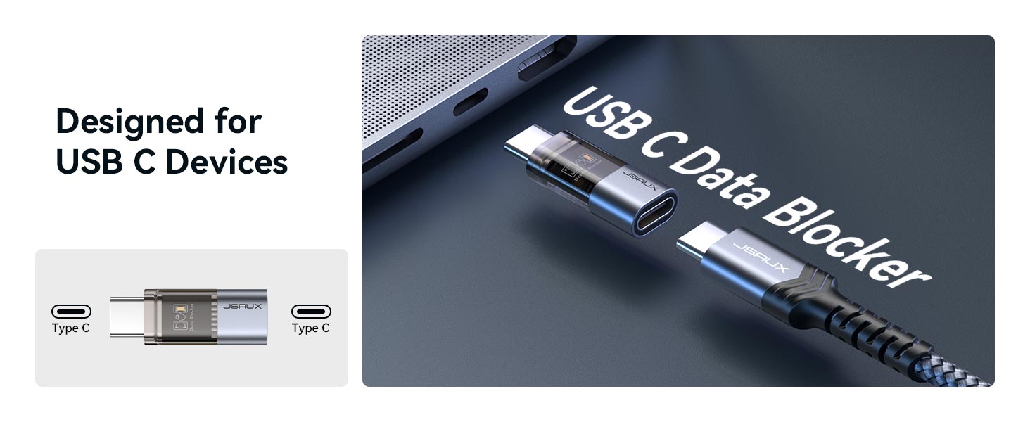 USB C data blocker designed for USB C devices with a USB C male to USB C female port.
