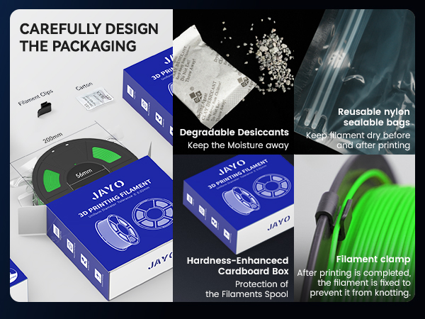 Blue product packaging layout with multiple components showing desiccants, silica gel, and green cord accessories.