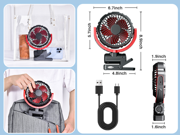 HIYJEN Car Fan 5V USB Small Clip on Sun Visor Fan for Front/Rear Seat, 2000mAh Rechargeable