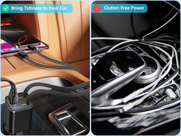 MFi Certified 4 in 1 Retractable Car Charger 120W USB C Car Charger Cigarette Lighter Adapter