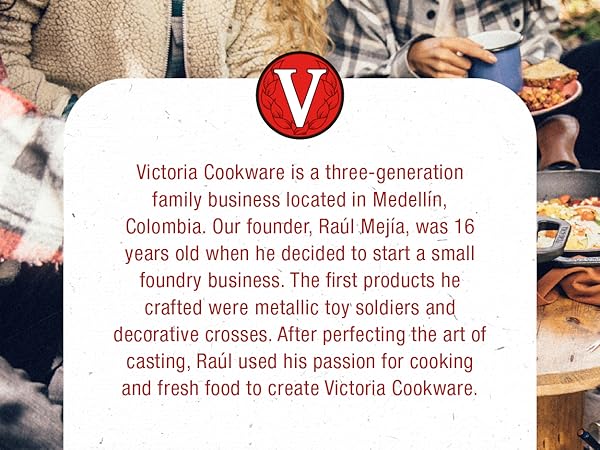 A cast-iron product sitting on a table. Text reads: Victoria Cookware.