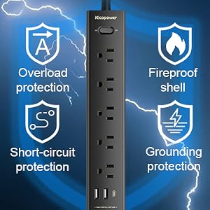 power strip black surge protector 10 ft