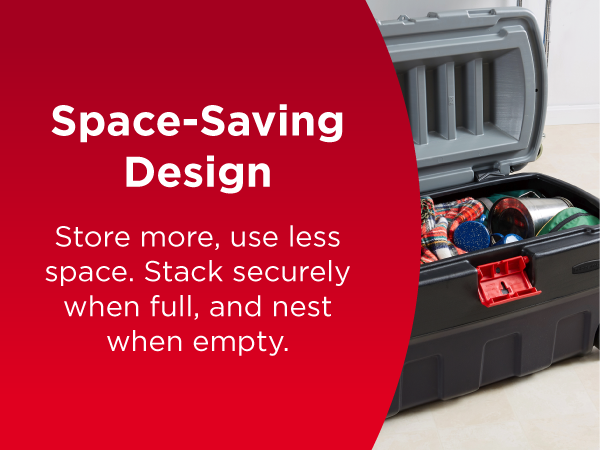 Image of strong storage container with text reading space saving design.