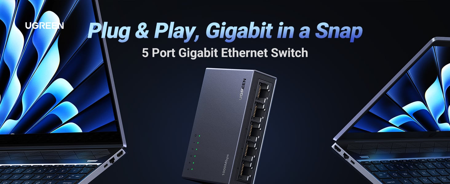 UGREEN Ethernet Switch, 5 Port Gigabit Ethernet Splitter, Plug &amp; Play