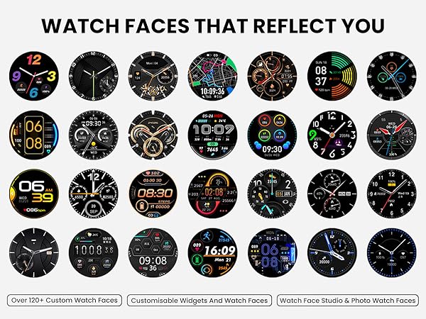 Text reads 'WATCH FACES THAT REFLECT YOU'. Display of multiple round smartwatch faces showing various digital designs and time displays in different colors and styles.