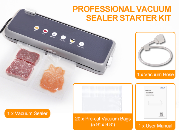 Includes 20 vacuum bags, hose and user manual. Everything you need to start sealing right away.